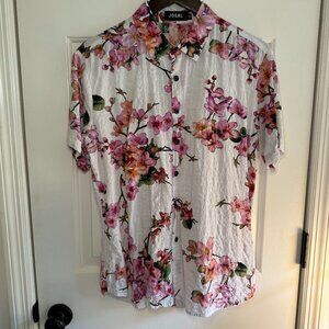 Jogal Men’s White Short-Sleeve Button-Down Shirt with Pink Floral Print